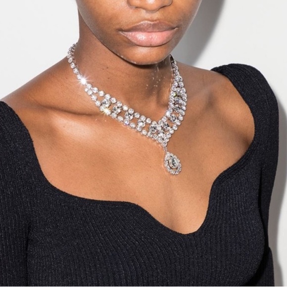 Alessandra Rich Silver Crystal Drop Pendant Necklace NWOT